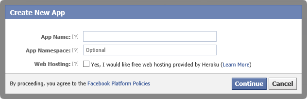 Figure 1: Creating a new Facebook app starts with this dialog box.