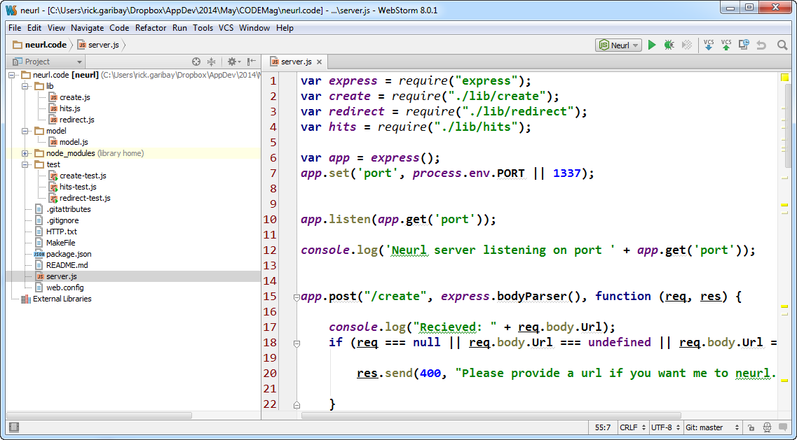Figure 2: The Neurl project structure in WebStorm IDE