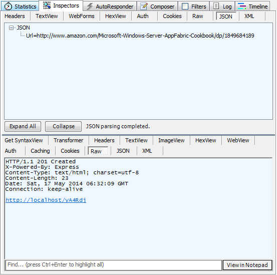 Figure 6: The result of calling the Create API in Fiddler