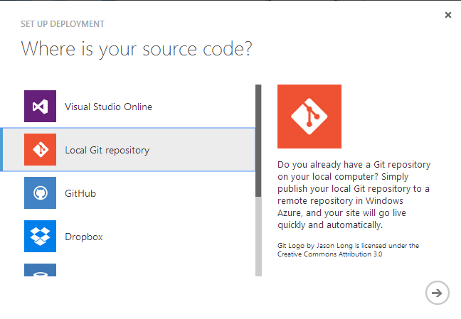 Figure 9: Configure your Azure Website for continuous integration with Git.