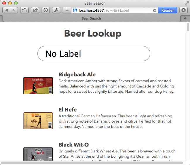 Figure 6: The completed example, searching for beers from No Label Brewery in Katy, TX
