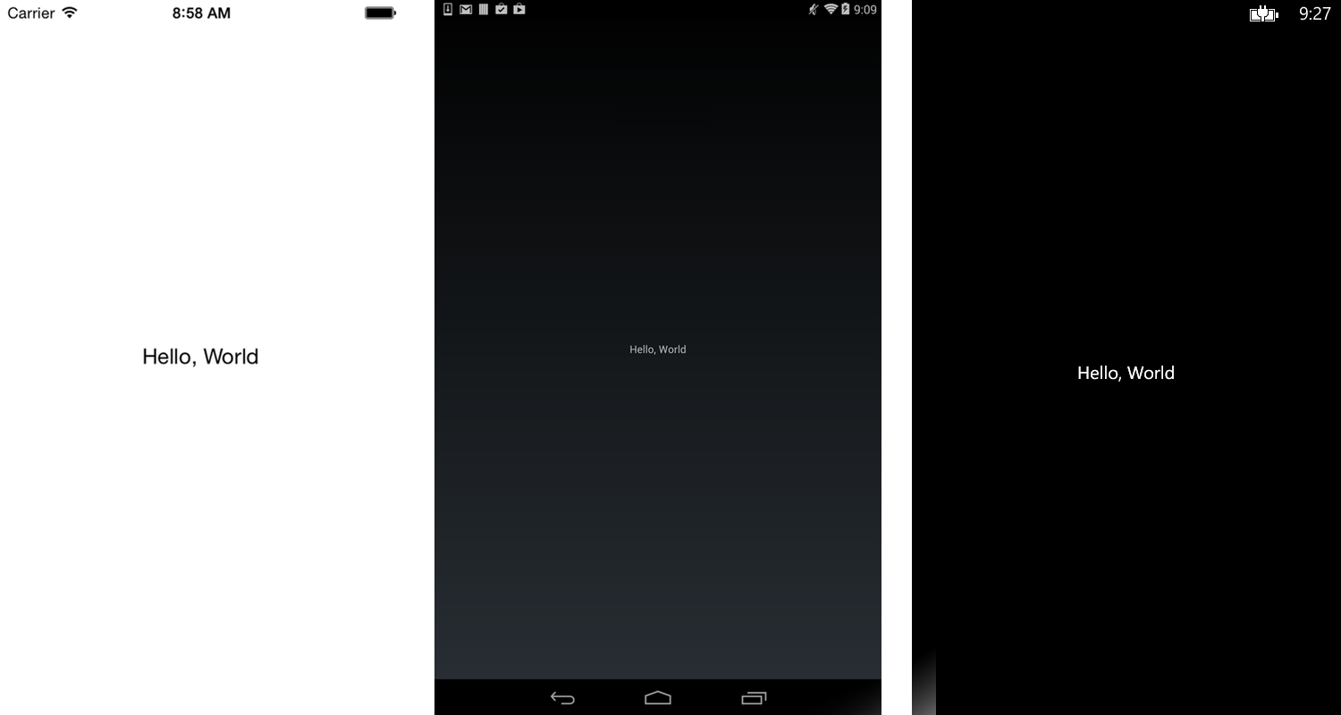 Figure 1: The Hello, World example rendered on iOS, Android, and Windows Phone.