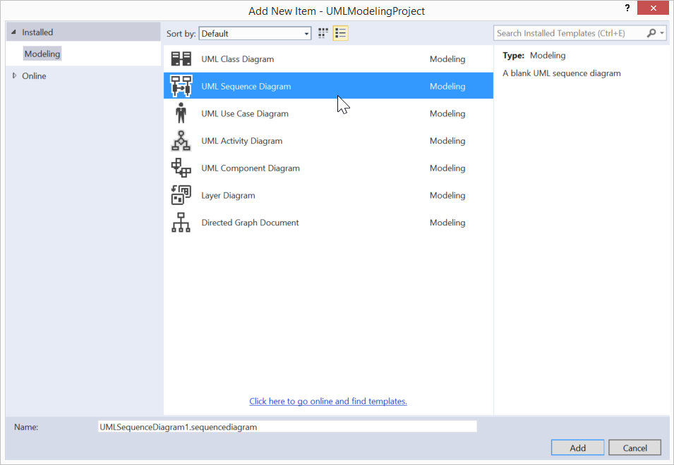 Figure 11: To add a Sequence Diagram to a project, select the UML Sequence Diagram from the Add New Item Dialog.