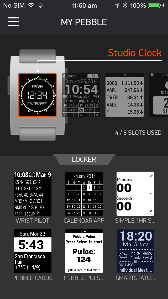 Figure 4: The Pebble Mobile app manages the application installed on the Pebble.