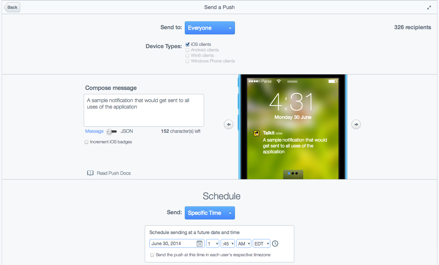 Figure 2: Compose, preview, and send push notifications from the Parse Dashboard