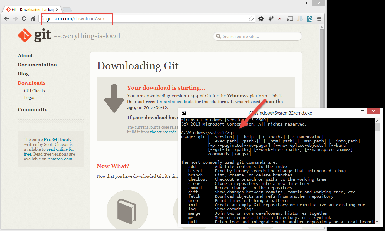 Figure 1: The git-scm windows download page and the command prompt to verify the git install