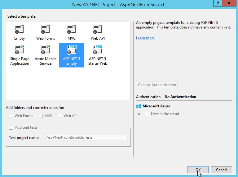 Figure       2      : Create a new empty ASP.NET vNext project using the one ASP.NET dialog in Visual Studio.