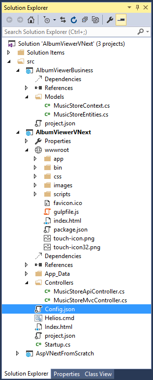 Figure 8      : This is the layout of the AlbumViewerVNext Sample Solution that contains two linked projects. Neither project requires compilation to reflect code changes in the running application.