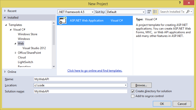 Figure 4: Creating an ASP.NET project