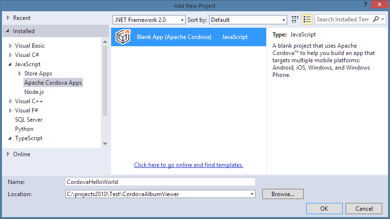 Figure 2      : Once you've installed the Cordova Tools for Visual Studio, you can add a new Apache Cordova project.
