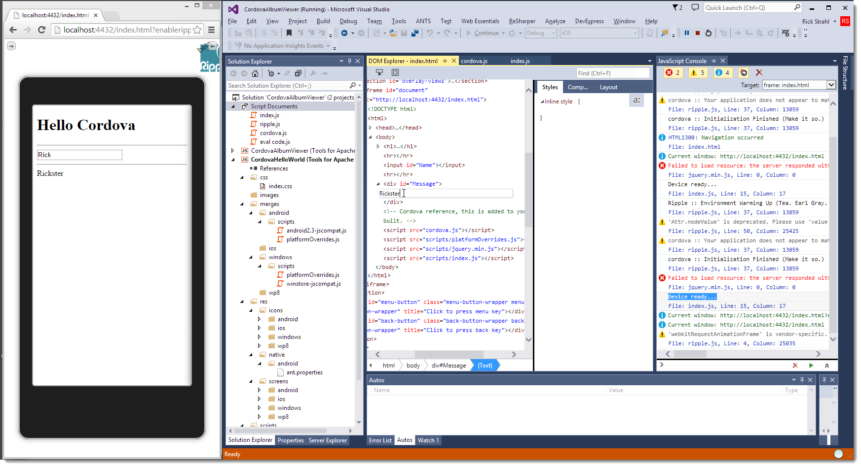 Figure 5      : When attaching a Cordova app, Visual Studio provides full DOM inspection and JavaScript debugging. Note that the DOM tree is live and editable, even on an attached device!