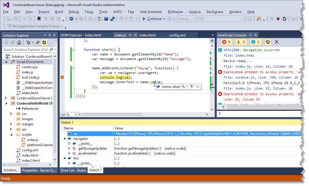 Figure 8      : Use the Visual Studio debugger to debug an iOS application running on a live device.