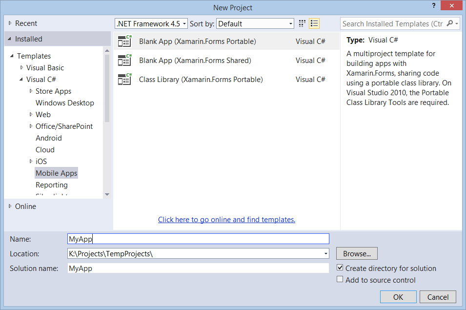Figure 1: Create a Xamarin.Forms project in the New Project dialog.