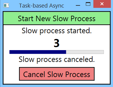 Figure 4: A Task-based Async SlowProcess application running with one canceled process