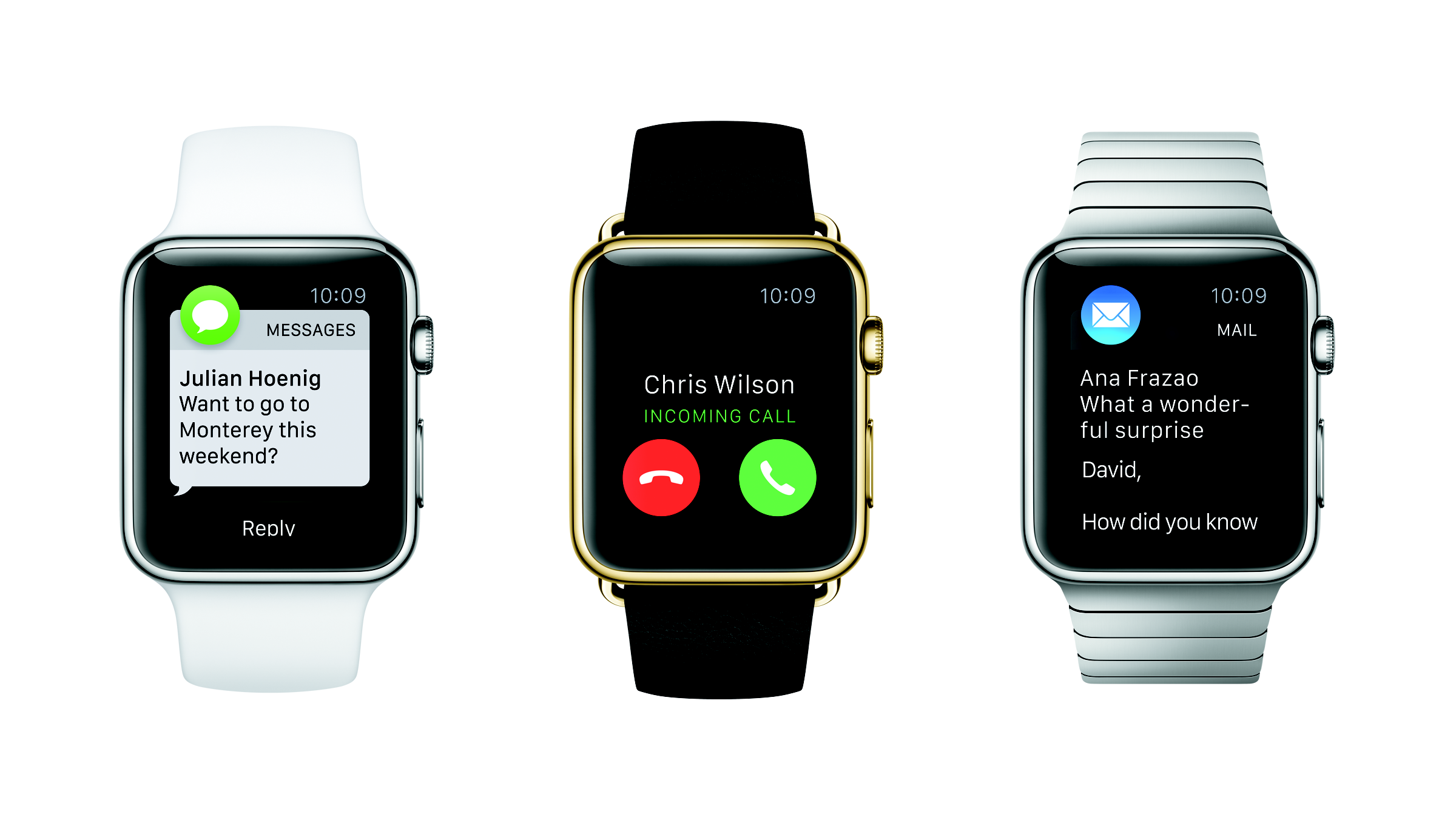Figure 1: The three Apple Watch models from left to right: Apple Watch Sport, Apple Watch Edition, and Apple Watch