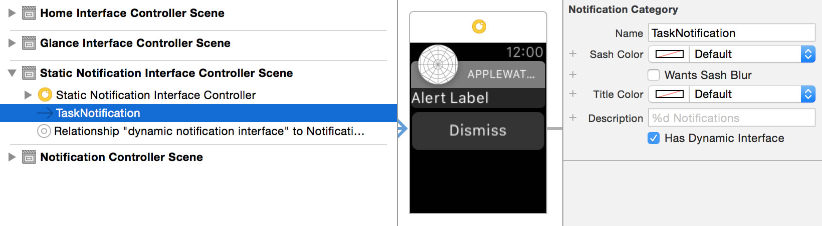 Figure 15: Set the notification category name to equal the category registered in the AppDelegate.