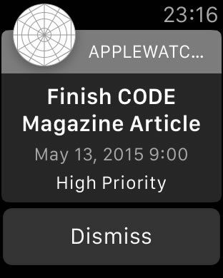 Figure 16: The custom local notification layout running in the Apple Watch XCode simulator