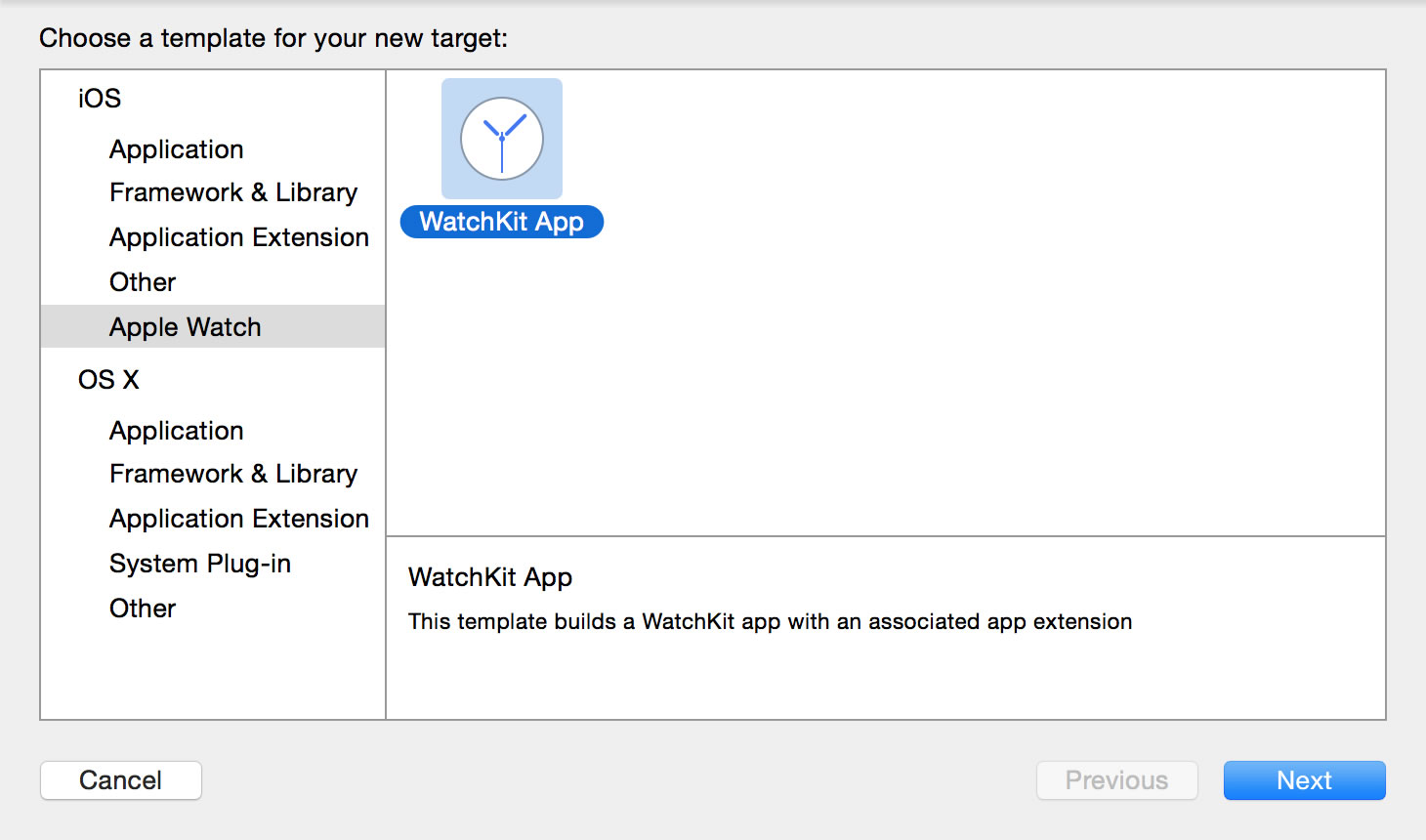Figure 5      : Creating a WatchKit App target is the first step to building an Apple Watch application.