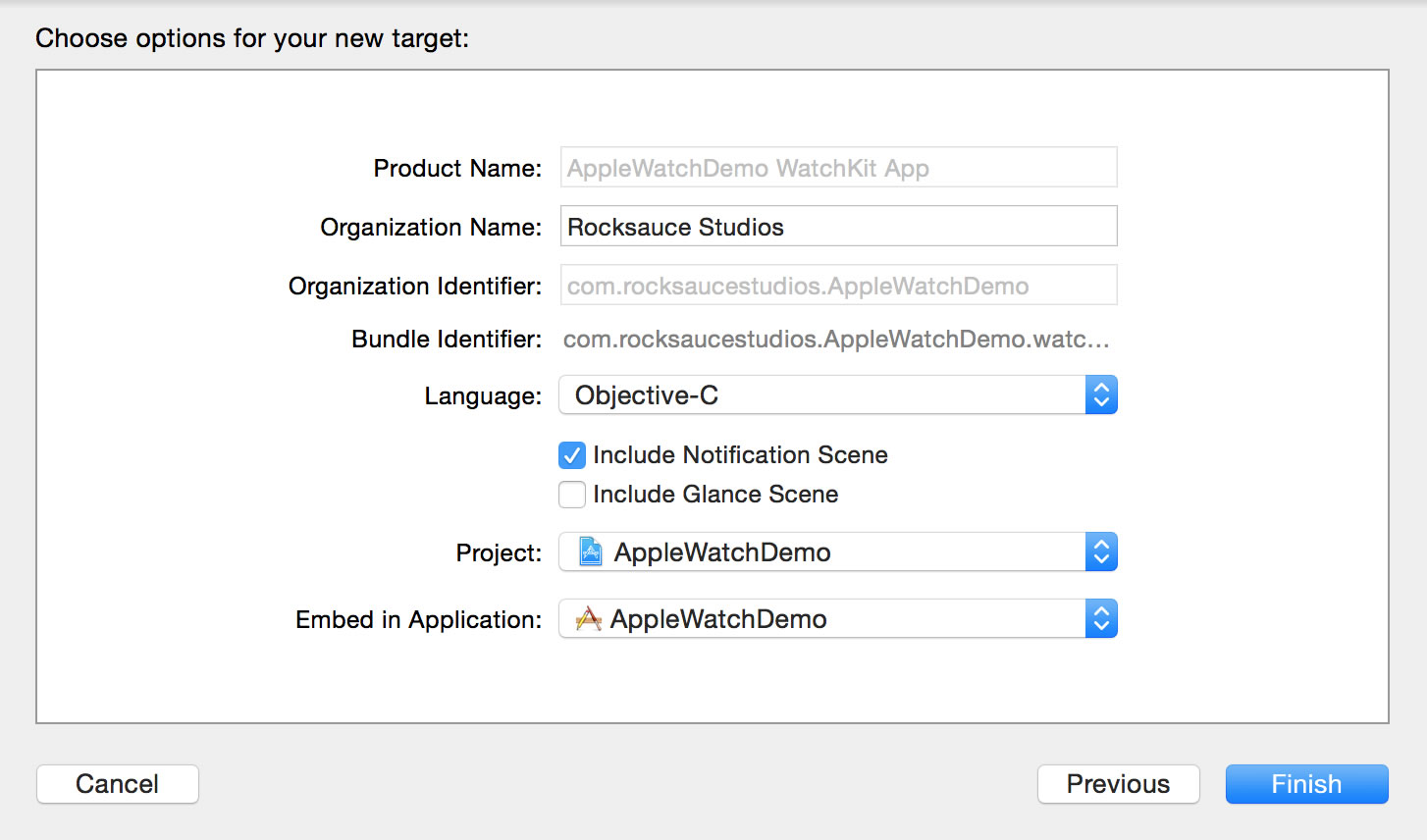Figure 6      : The extended options selection when adding the WatchKit target to your application