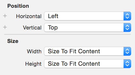 Figure 7: Positioning and Sizing for WatchKit UI objects in the Attributes inspector panel