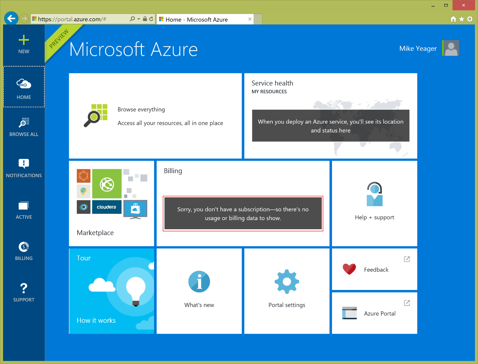 Figure 1: Sign up for an Azure account by logging into azure.com with your Microsoft account.