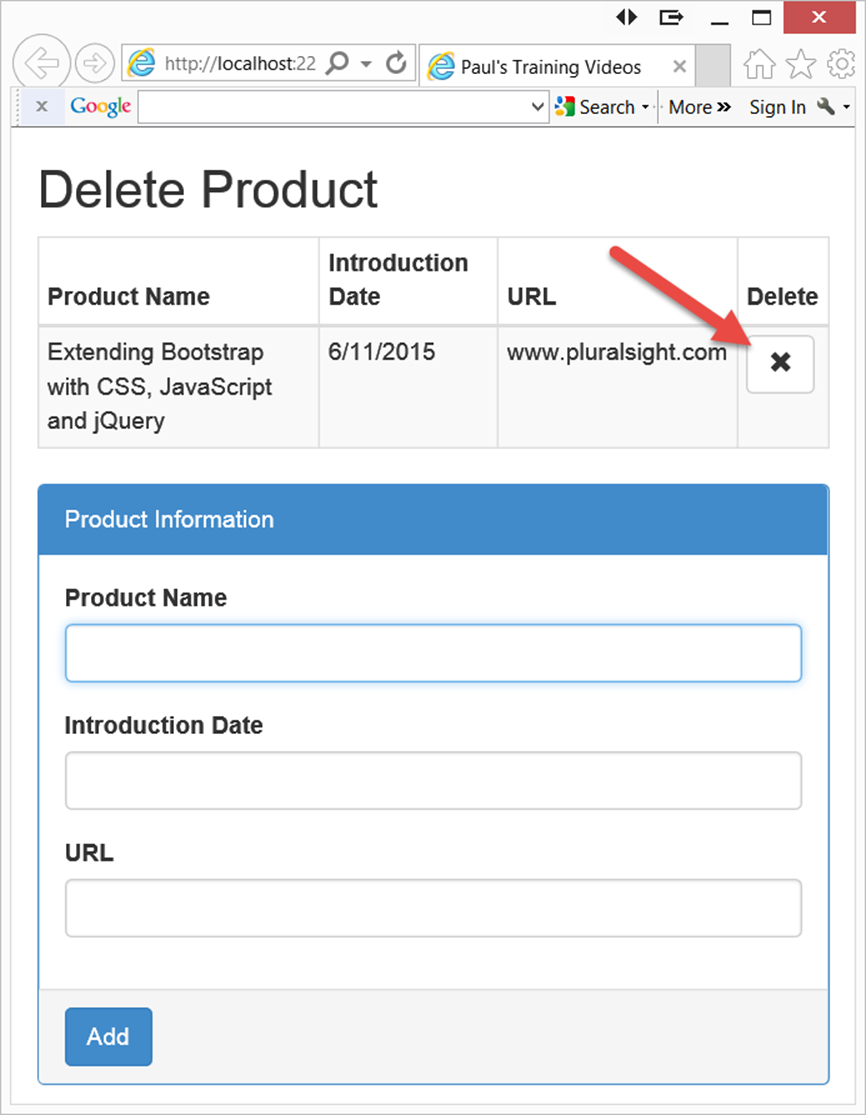 Figure 3: Add a Delete button to allow a user to delete a row from the table.