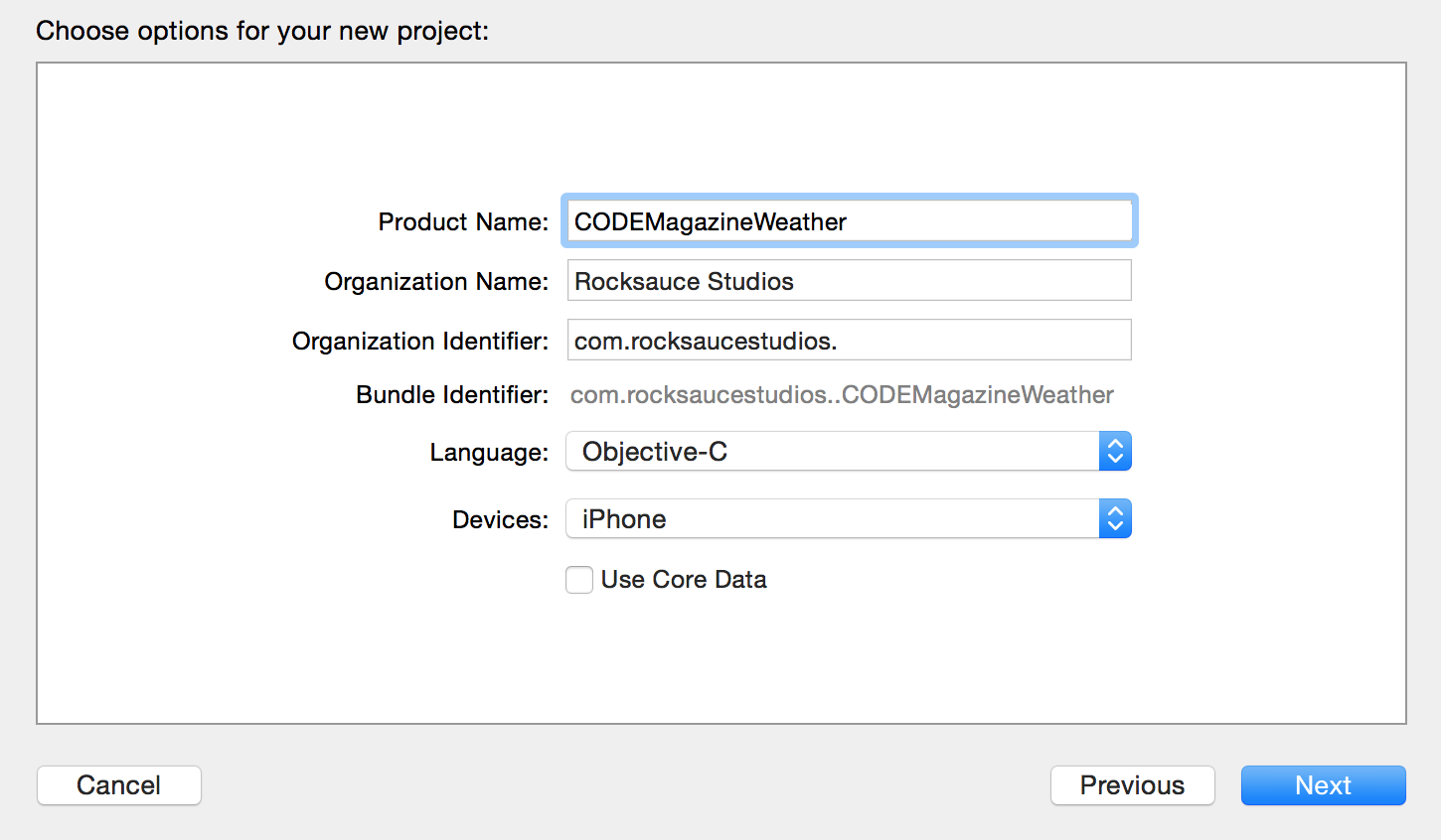 Figure 1: Initial project settings when creating the sample project in Xcode