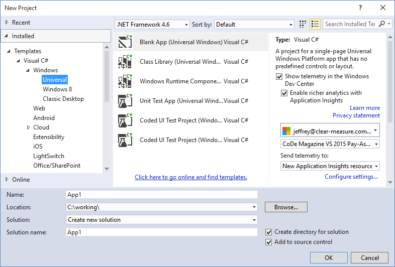 Figure 1: The Universal Windows project options
