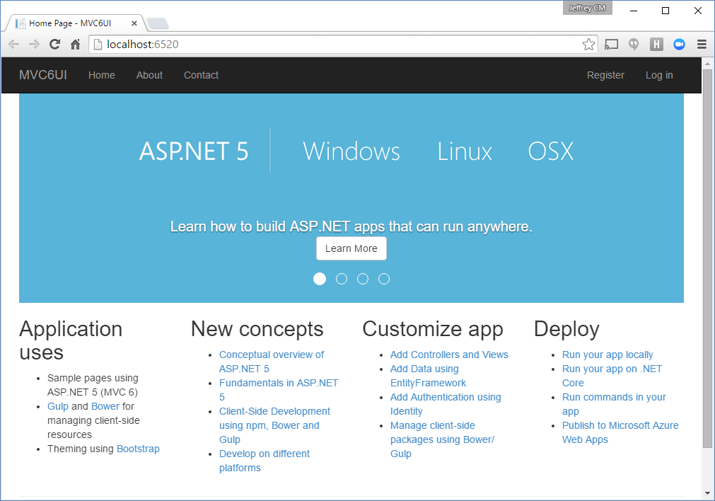 Figure 6: The new ASP.NET 5 application running locally