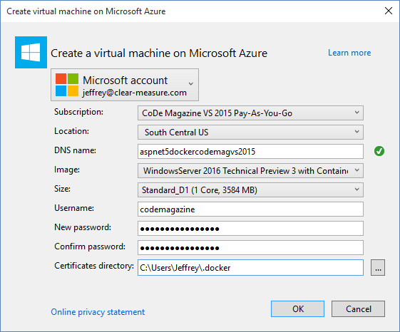 Figure 9: Provision a new Azure VM for Docker Containers.