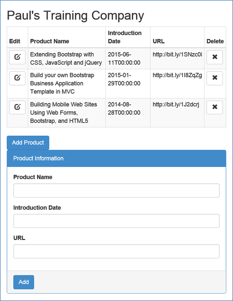Figure 1: Use a product information page to list, add, edit, and delete data.
