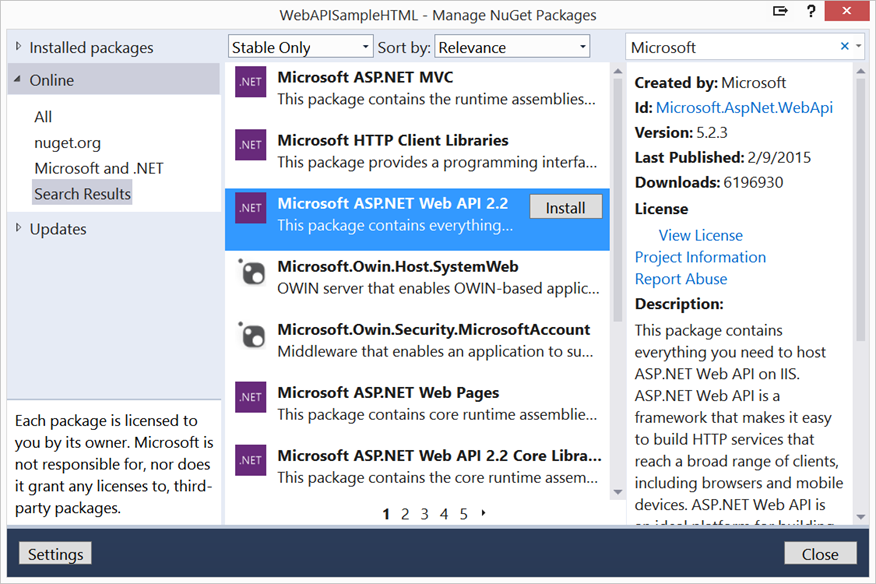 Figure 2: Use the Manage NuGet Packages screen to add the Web API to your project.