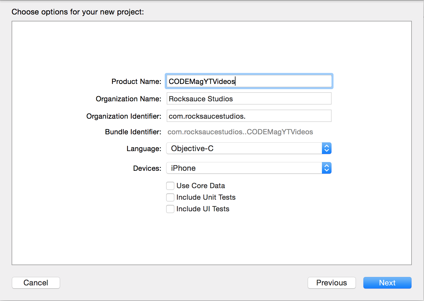 Figure 2: Initial project settings when creating the sample project in Xcode