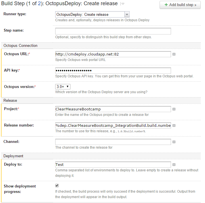 Figure 23: TeamCity uses an Octopus Deploy integration to create a new release and deploy to the test environment.