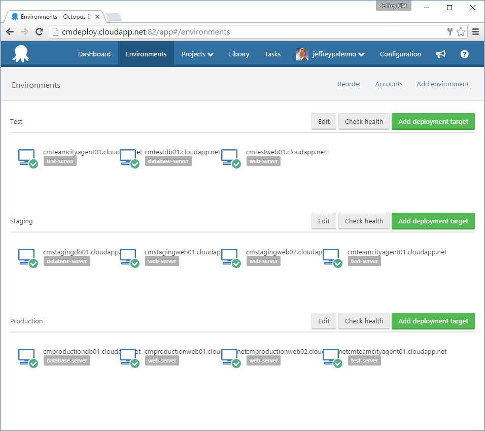 Figure 6: You can easily lay out the environments inside Octopus Deploy.