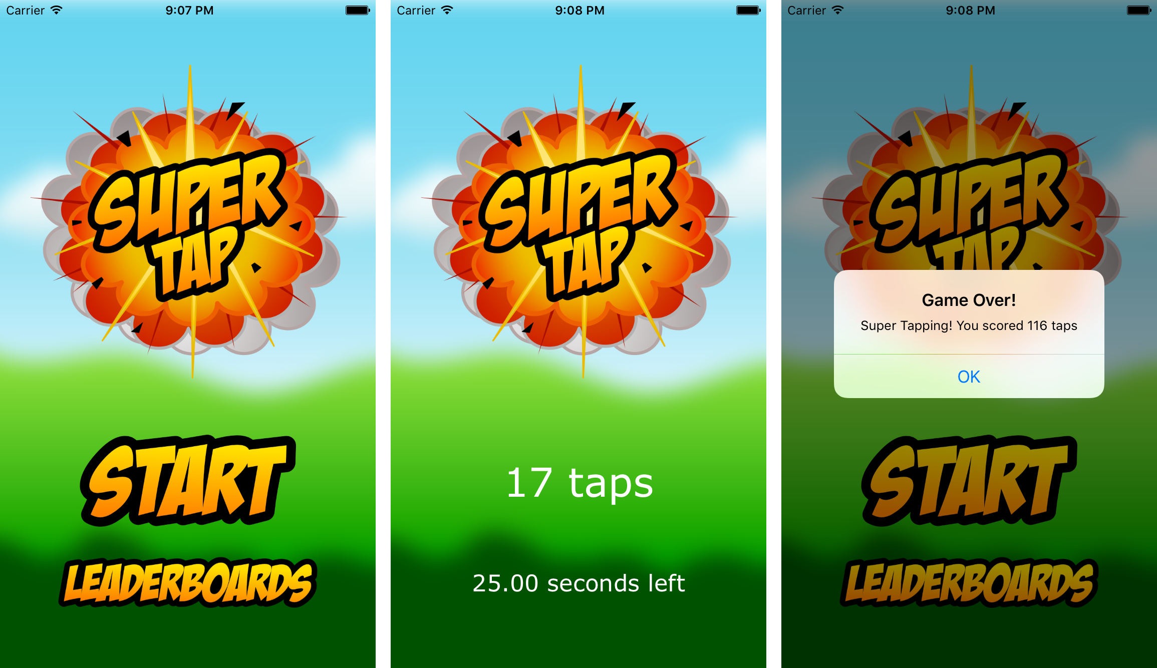 Figure 1      : Screenshots of the Super Tap game sample provided for the article's code demo
