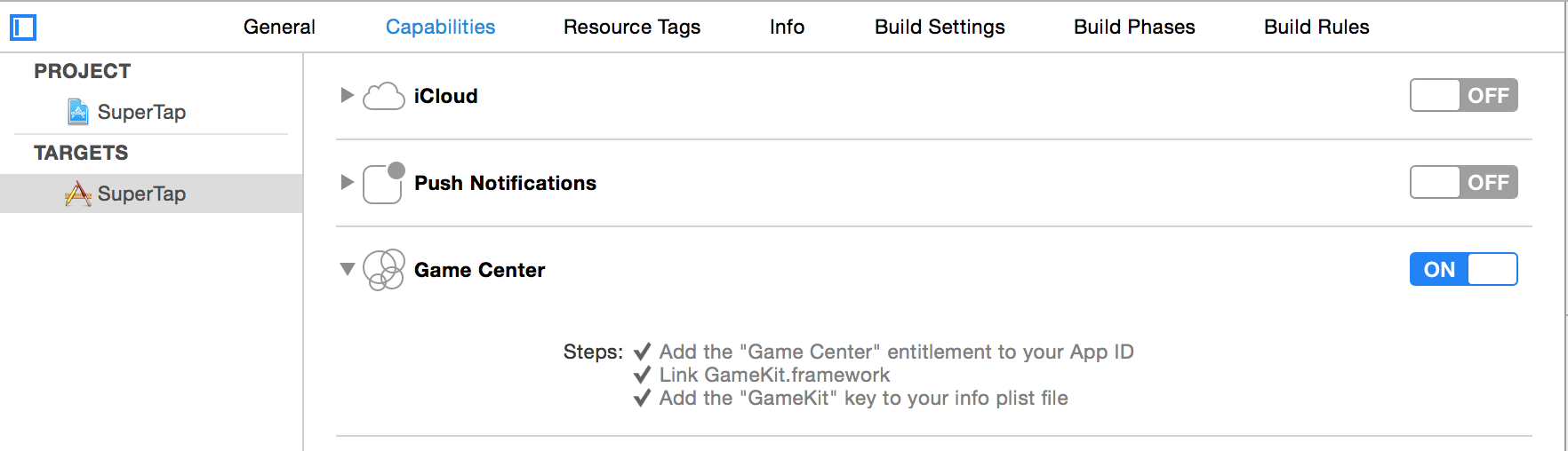 Figure 3: The results when you successfully enable the Game Center capability for the demo