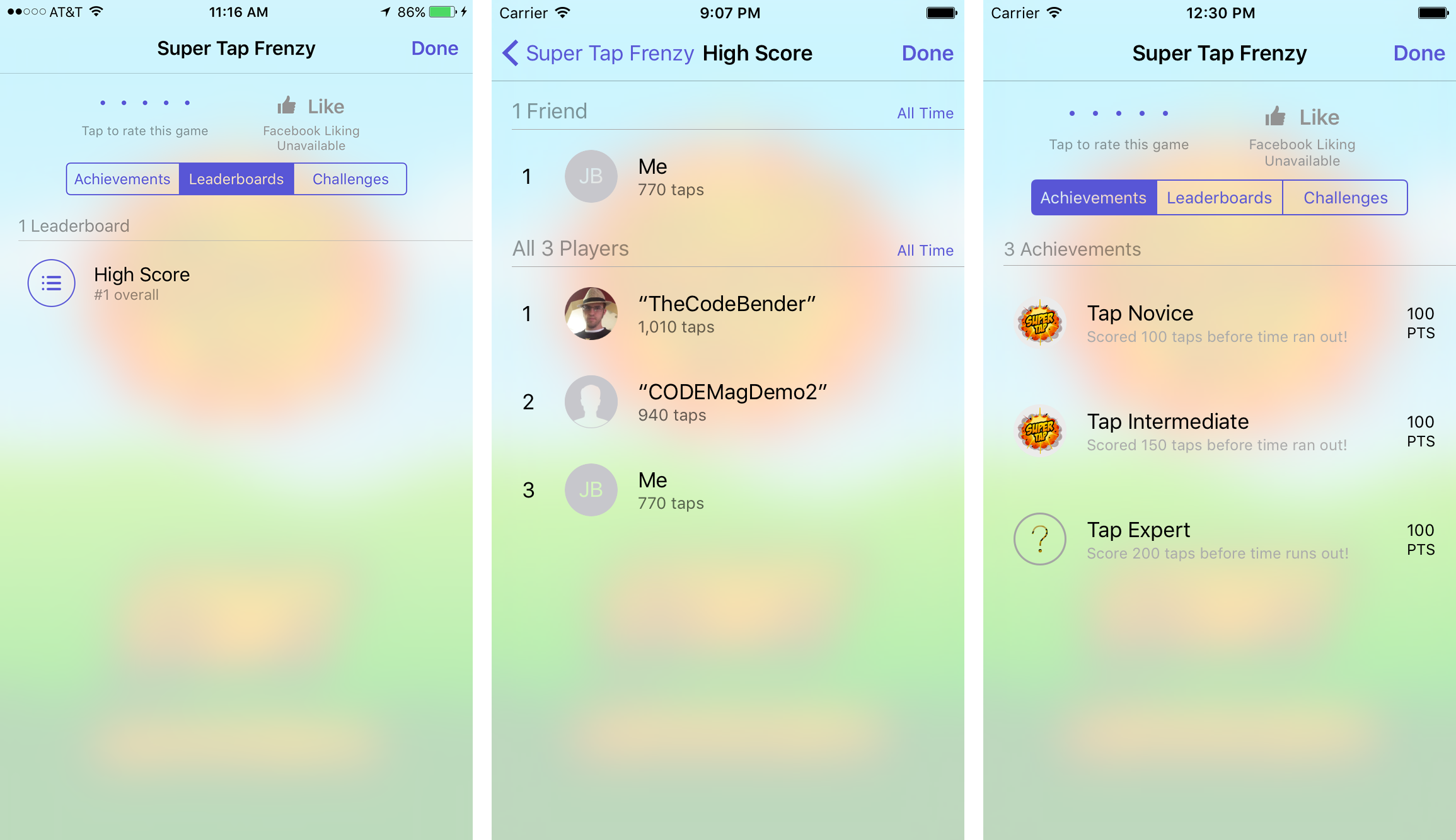 Figure 8: Default Game Center UI for the leaderboard and achievements in the Super Tap demo
