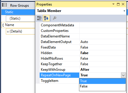 Figure 15: Set the RepeatOnNewPage property to TRUE for each Static Group above the first actual group