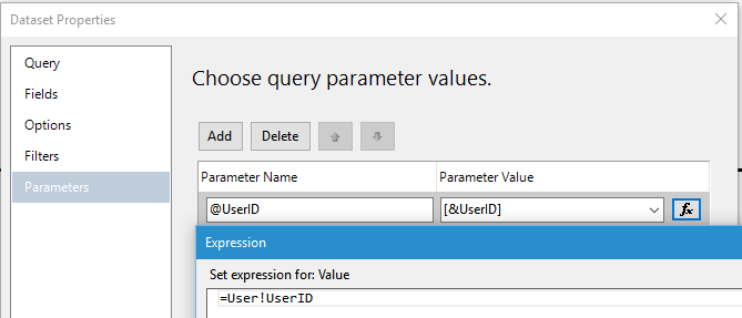 Figure3: An SSRS DataSet that calls the stored procedure and passes the current user as a parameter