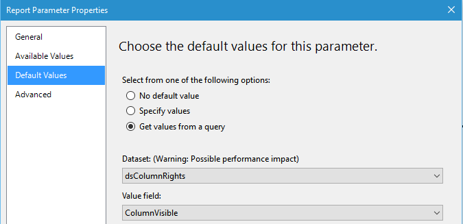 Figure 4: An internal SSRS parameter that holds the value for the column visibility