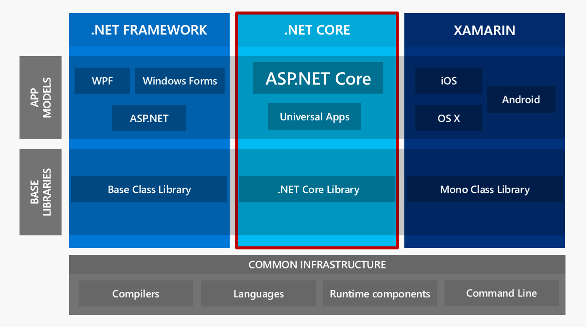 Figure 1: The .NET Infrastructure on the .NET platform today (as of .NET Core/ASP.NET Core RC2)