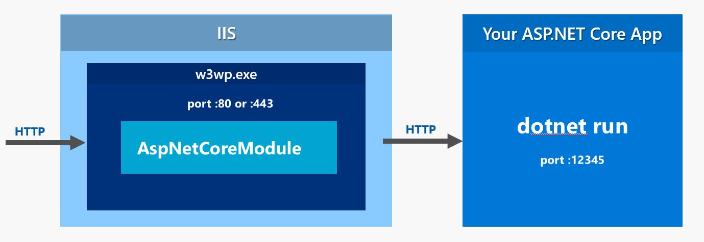 Figure 4      : IIS acts like a reverse proxy to forward requests to the Web Server running inside of your ASP.NET Core Application.