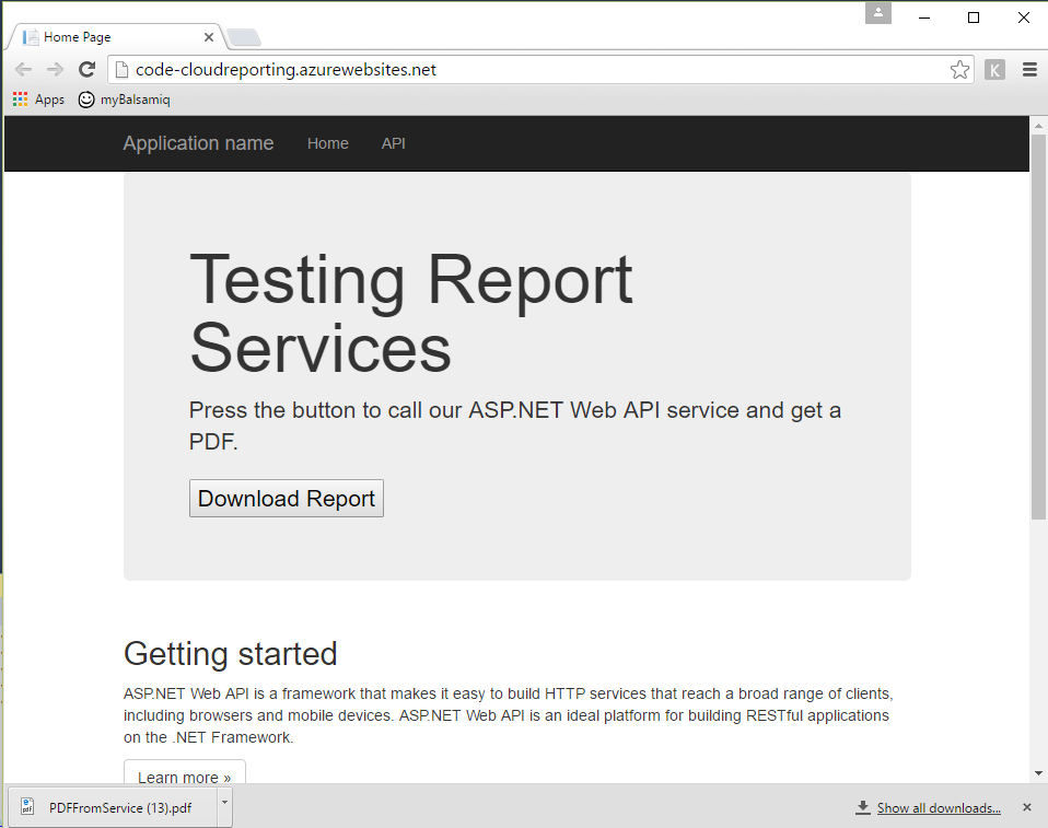 Figure 12: The finished website, running in Azure and generating PDF reports