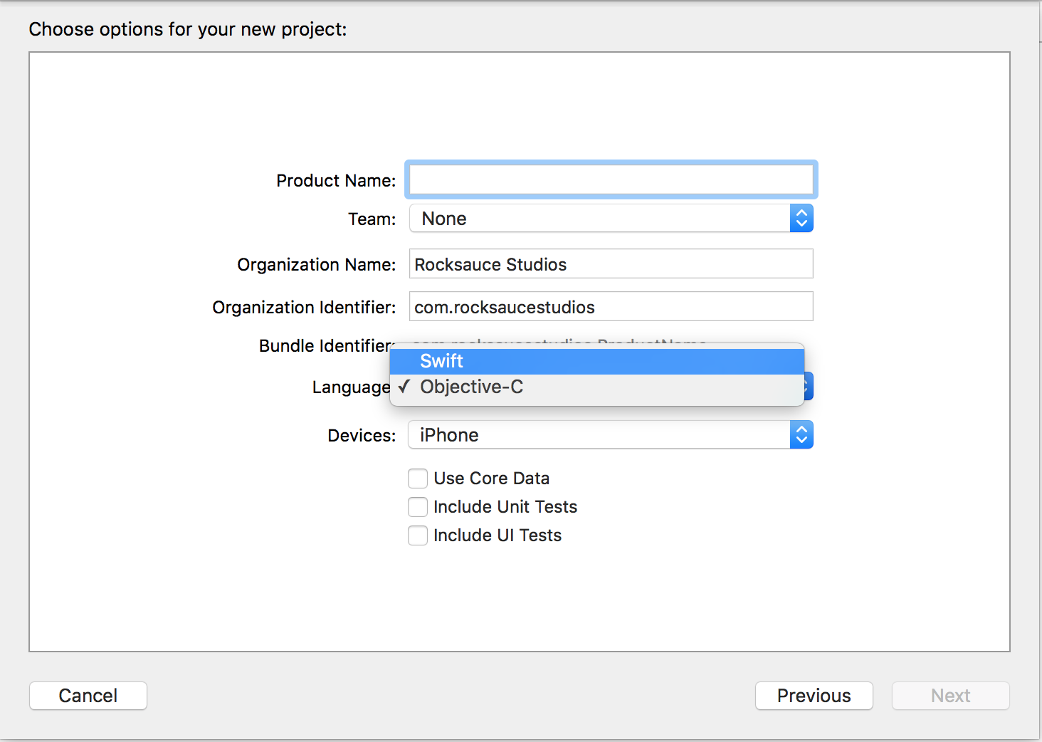 Figure 1: Swift language selection during new Xcode project creation