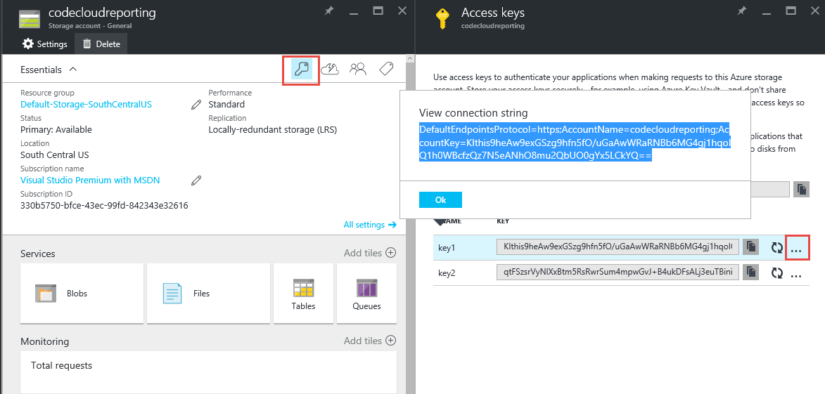 Figure 2: Getting the Azure Storage connection string