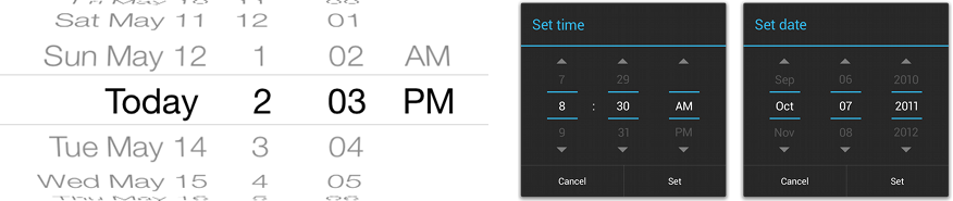 Figure 1: The iOS date picker (left) compared to the Android date picker (right)