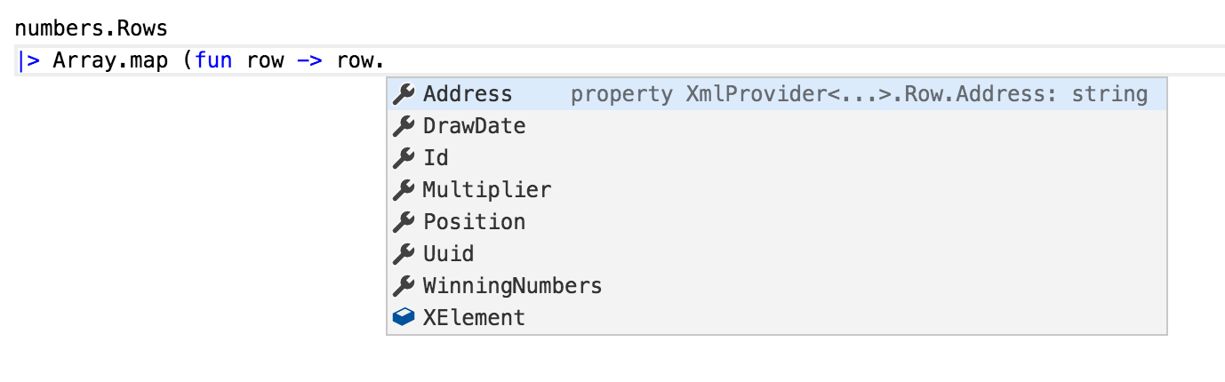 Figure 1: Using IntelliSense to explore the NY State lottery numbers XML data file  