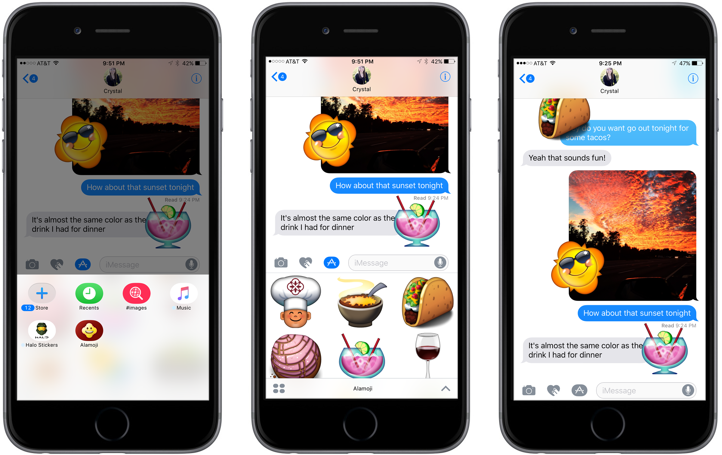 Figure 1      : The Alamoji iMessage Sticker Pack, available for download in the iMessages AppStore, is used here to demonstrate sticker pack functionality.