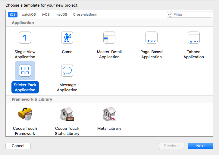 Figure 3: Choose the Sticker Pack Application template in Xcode.
